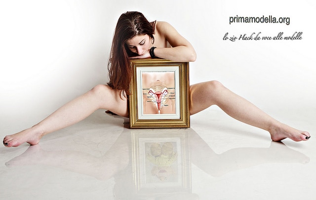 Mujer abierta de piernas tapándose con un cuadro que representa el interior del órgano reproductor femenino