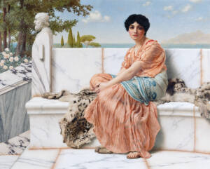 Pintura donde se muestra a una mujer morena sentada ligeramente de lado, en un banco de mármol blanco sobre unas pieles de animal que parece ser de un tigre.