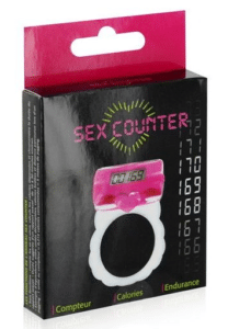 caja negra donde se muestra un anillo de silicona transparente con un contador rosa en su parte superior
