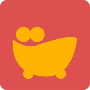 Logotipo de Derire app. Fondo rojo y en el centro la silueta de una bañera en mostaza con dos círculos encima a modo de perfil de una pareja