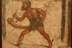 Pintura de Príapo desnudo con un enorme pene erecto.