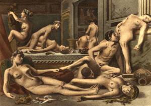 Ilustración en la que aperecen hombres y mujeres desnudo manteniendo distintas relaciones sexuales: felaciones, cunnilingus,coitos...