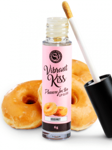 Foto del Lip gloss vibrant kiss sabor donut. Bote con etiqueta rosa y dos donuts en la parte baja del mismo.