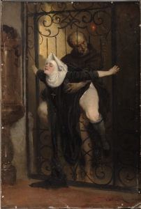 Imagen de un sacerdote tras la verja de una capilla, penetrando por detrás a una monja.capilla que est