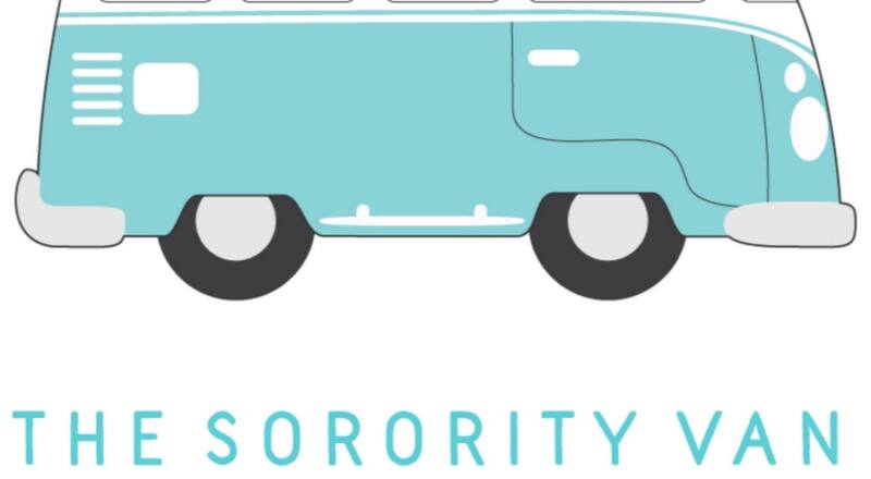 Logotipo de The Sorority Van. Una autocaravana Volkswagen hippie en tono azul claro.