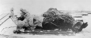 Fotografía policial del cadáver de Rasputín atado de manos y pies en un trineo.