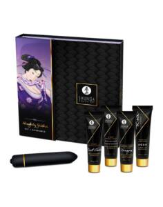 Se muestra la caja del Kit Shunga naughty geisha y su contenido: un lubricante, gel estimulador de clítoris, crema intensificadora del orgasmo, crema estimulante Punto G y bala vibradora