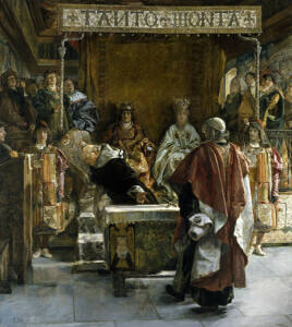 La obra representa a fray Tomás de Torquemada en presencia de los Reyes Católicos e instándoles a que expulsaran a los judíos de sus reinos.