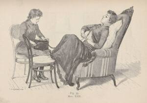 Litografía de finales del siglo XIX donde se muestra a una mujer sentada en una silla con una manivela que tiene al final de un cable un vibrador. El vibrador lo sostiene en el vientre otra mujer recostada en un sillón.