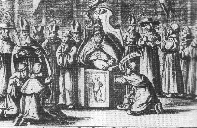 Ilustración en blanco y negro donde se muestra al Papa Inocencio X sentado en una silla, rodeado de cardenales, y un joven con la mano dentro de un agujero de la silla.