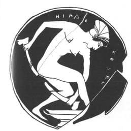 Representación en blanco y negro de una mujer con un olisbo en cada mano llevándoselos a su zona genital.