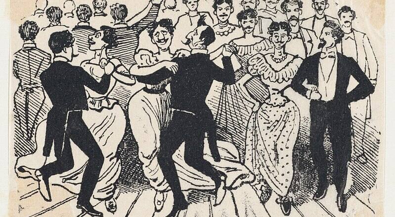 Ilustración en blanco y negro donde se muestra a hombres vestidos con frac bailando con hombres vestidos de mujeres con vestidos y joyas.