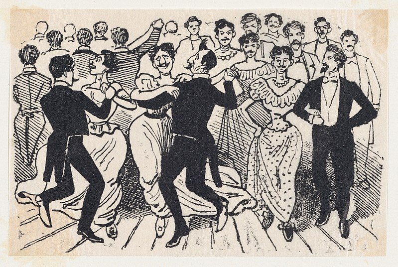 Ilustración en blanco y negro donde se muestra a hombres vestidos con frac bailando con hombres vestidos de mujeres con vestidos y joyas.