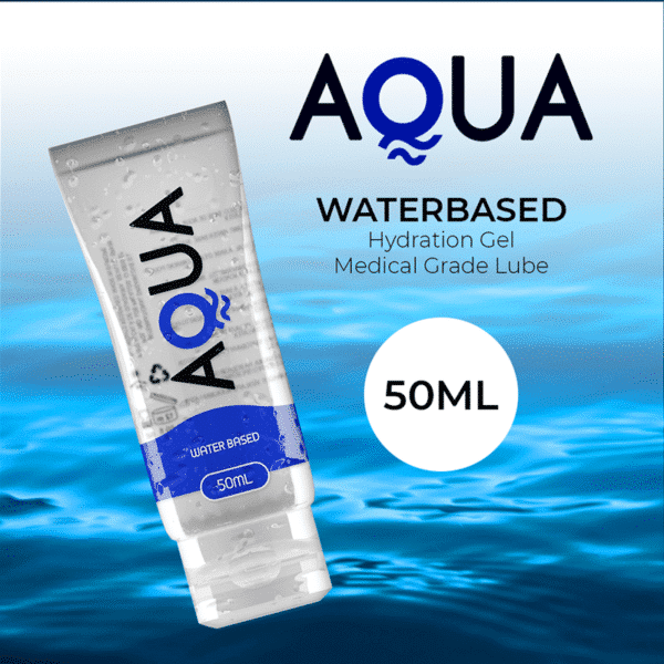 Anuncio de lubricante Aqua de 50 ml con agua de fondo y la indicación de lubricante a base de agua.