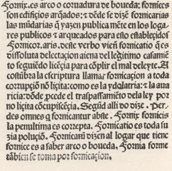 Definición de fornicar de Alfonso de Palencia en Universal vocabulario en latín y en romance.