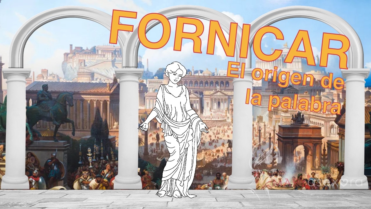 Portada del artículo "Fornicar. Origen de expresiones XVIII". De fondo una escena de la antigua roma, en primer plano 4 columnas que soportan 3 arcos y en el centro el dibujo de una romana. En texto "Fornicar: El origen de la palabra"
