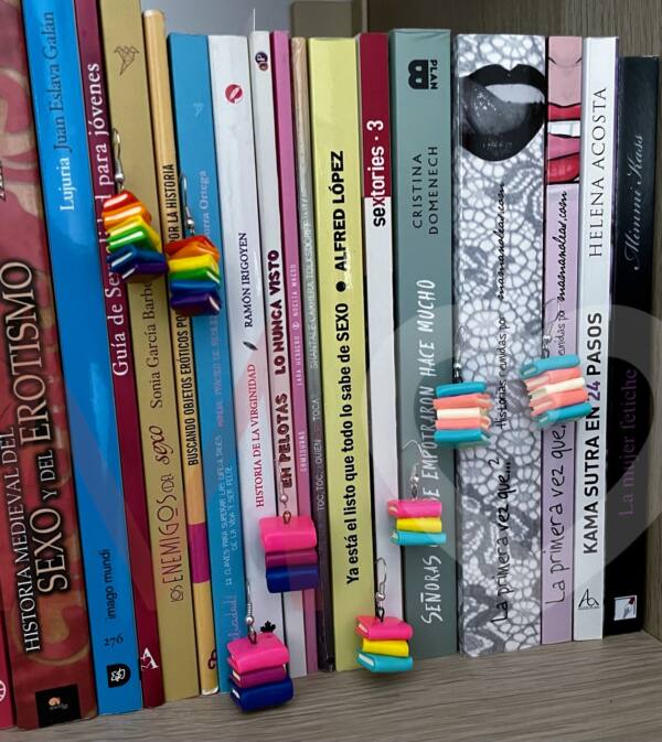 Pendientes pila de libros que forman distintas banderas del colectivo LGTBI+ delante de estantería con libros