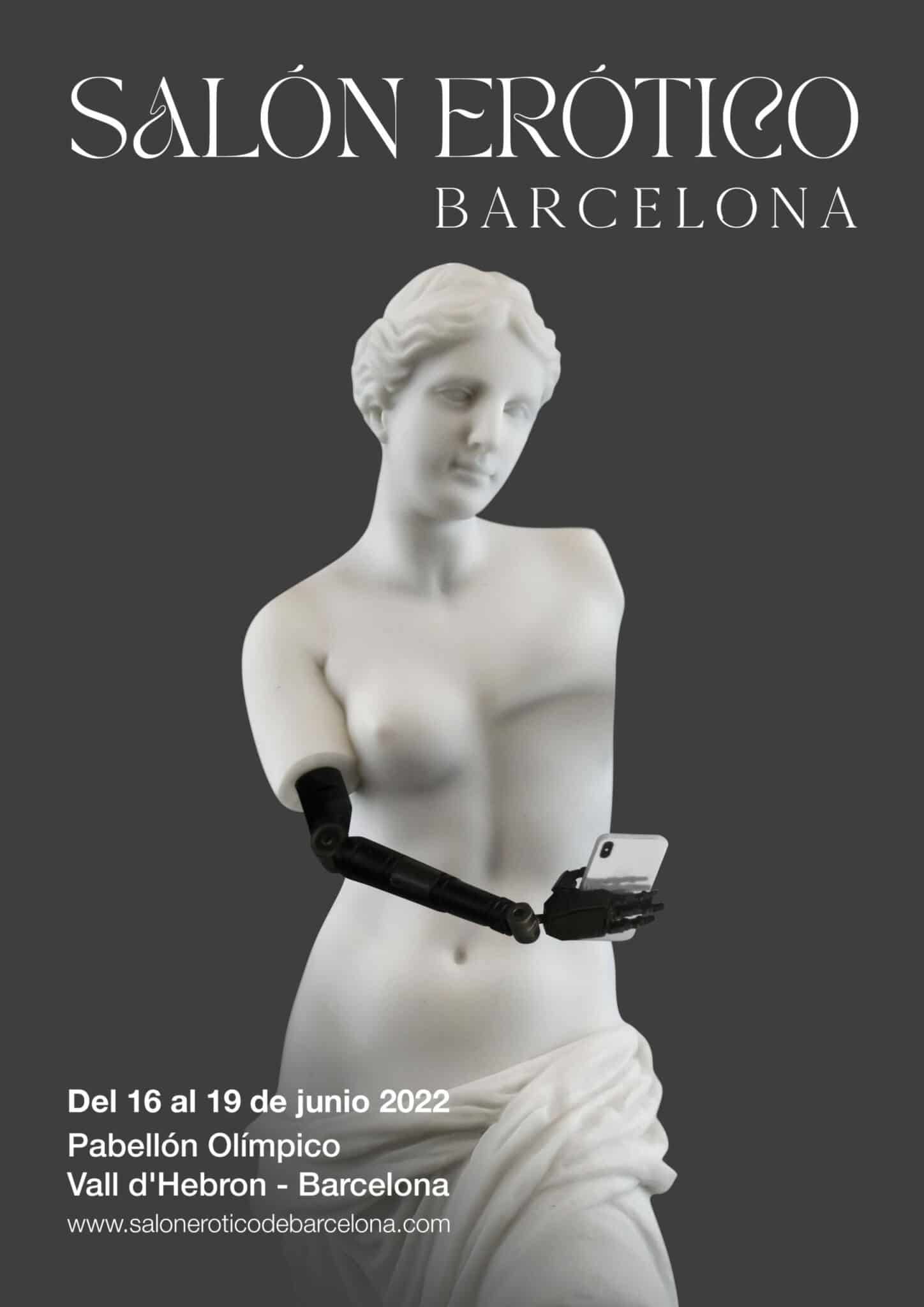Cartel del Salón Erótico de Barcelona 2022: escultura femenina con mastectomía del pecho izquierdo y brazo robótico derecho sujetando un móvil.