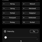 Pantallazo del modo Setting de la app para manejar el LELO IDA Wave. Aparece un listado de los 10 modos de vibración y un medidor para regular la intensidad y un temporizador para el tiempo de uso