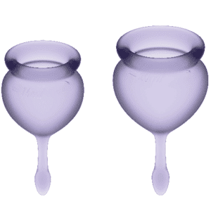 Satisfyer copa menstrual Feel Good con tirador largo para su extracción. Kit de dos copas de 15 y 20 ml en color lila
