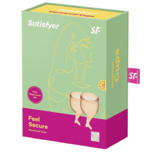 Caja del Satisfyer copa menstrual Feel secure en colores verde y rosa