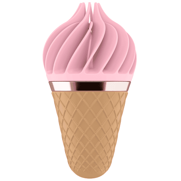 Vibrador Satisfyer Sweet con forma de cono de helado en color marrón (el "cucurucho") y rosa (la crema de helado)