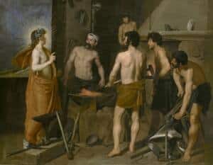 La fragua de Vulcano de Velázquez. Obra de pintura que representa a Vulcano (Hefesto) en su fragua recibiendo la visita de Helios diciéndole que su esposa está con Ares.