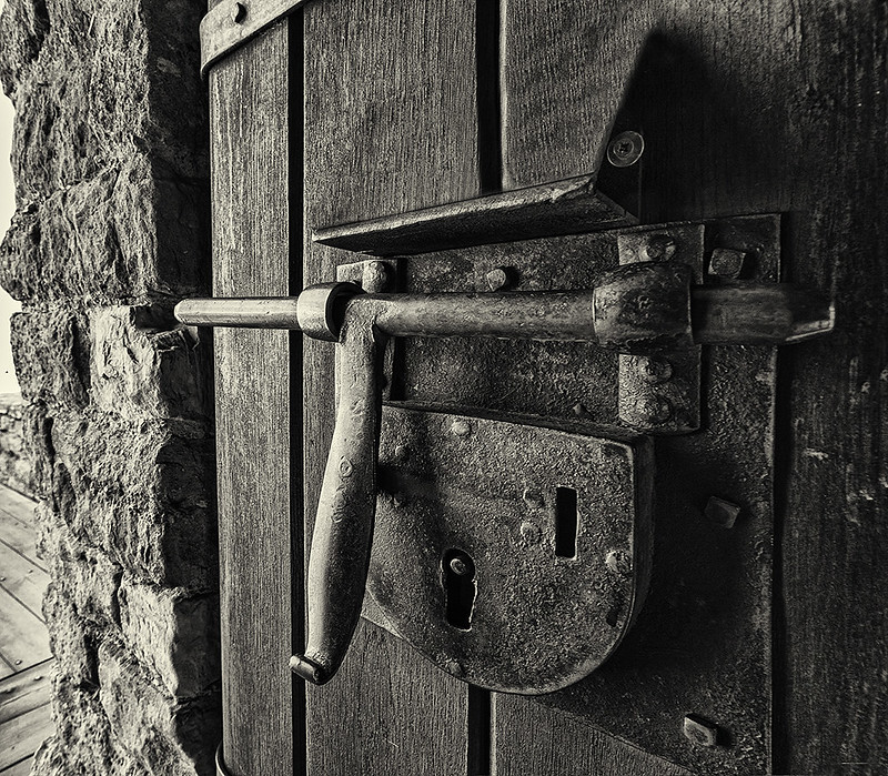 Foto en blanco y negro de un cerrojo en una puerta de madera