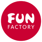Logotipo de la marca de juguetería erótica Fun factory. Círculo rojo con las letras Fun Factory en blanco