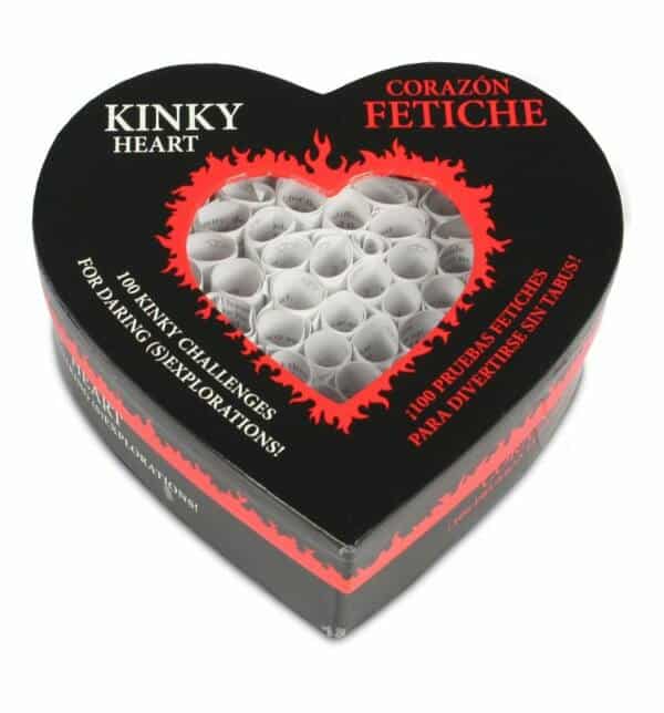 Caja presentación del juego de retos eróticos corazón fetiche con forma de corazón en color negro y letras rojas