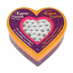 Caja presentación del juego de retos eróticos corazón Kamasutra con forma de corazón en colores morado y amarillo