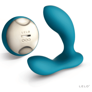 Masajeador prostático HUGO de LELO con mando a distancia en color azul claro y con forma de L para masaje interno y externo