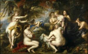 Cuadro de Museo Nacional del Prado de Diana y Calisto rodeada de ninfas semidesnudas en una fuente.