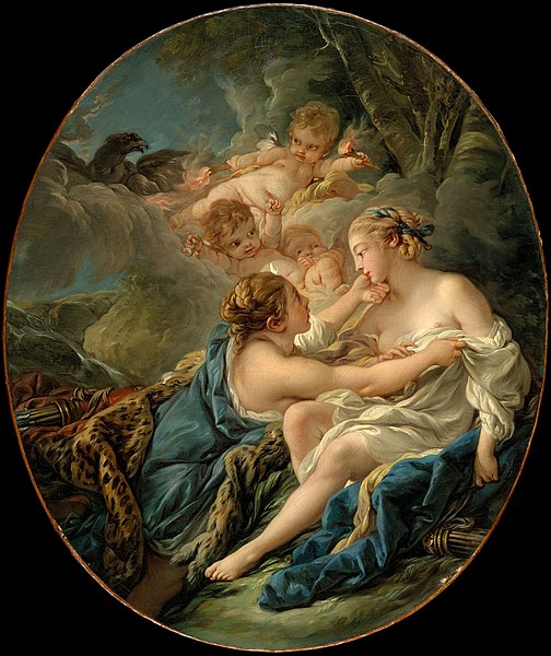 Pintura de François Boucher. Se muestra a Zeus bajo la apariencia de Artemisa seduciendo a Calisto.