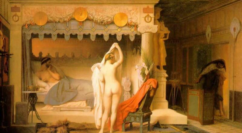 Fotografía de pintura francesa del siglo XIX donde se muestra a Candaules en la cama, en primer plano a su esposa de espalda quitándose la ropa y de fondo, detrás de una puerta a Giges.