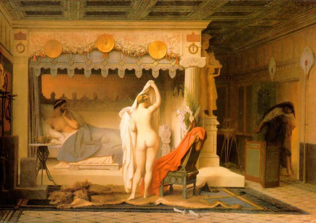 Fotografía de pintura francesa del siglo XIX donde se muestra a Candaules en la cama, en primer plano a su esposa de espalda quitándose la ropa y de fondo, detrás de una puerta a Giges.
