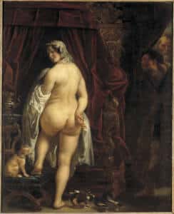Óleo sobre lienzo del S.XVII. Con la esposa de Candaules desnuda de espaldo girando la cabeza para atrás y sonriendo. De fondo, detrás de unas cortinas se ve a Candaules y Giges.