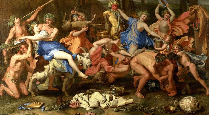 Cuadro de una bacanal romana con hombres y mujeres semidesnudos bebiendo, bailando y comiendo