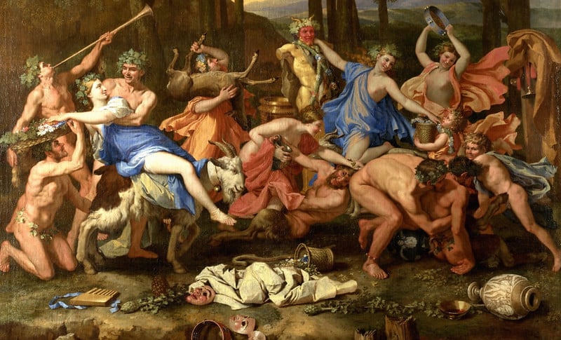 Cuadro de una bacanal romana con hombres y mujeres semidesnudos bebiendo, bailando y comiendo